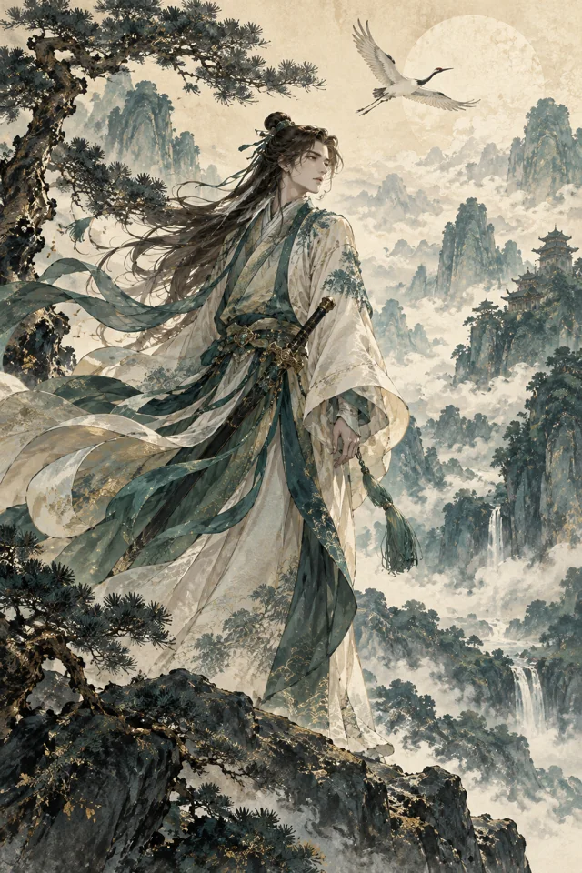 青衣修士立于云山之间